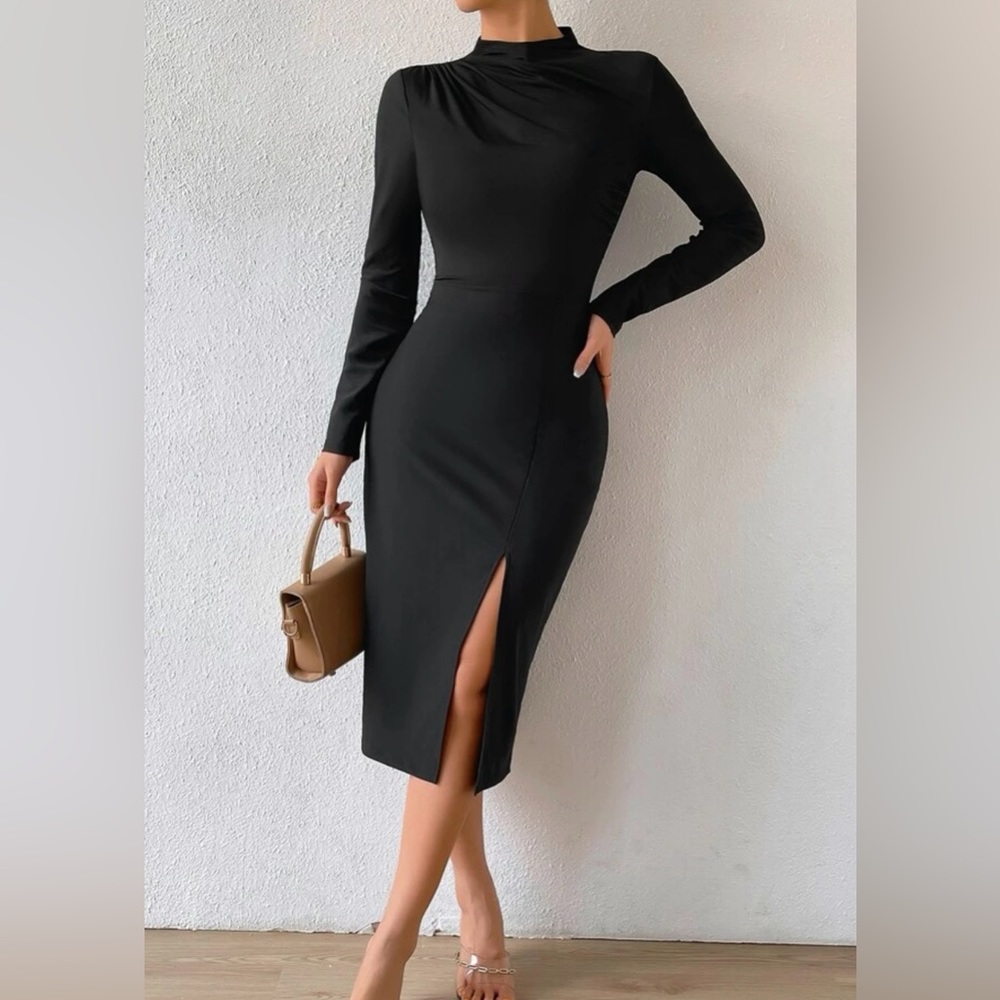 Mock Neck Ruched Split Thigh Dress Black XL/12 - Picture 3 of 5